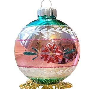 3" Radko Shiny Brite Glitter Flower Heart Ornament Ball Red Pink Teal Silver Mcm